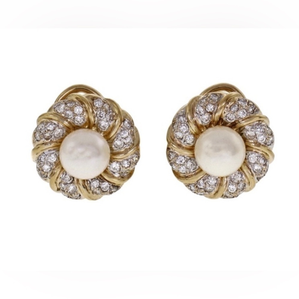 Dressy earrings. Gold, silver, pearl, and rhinestone
